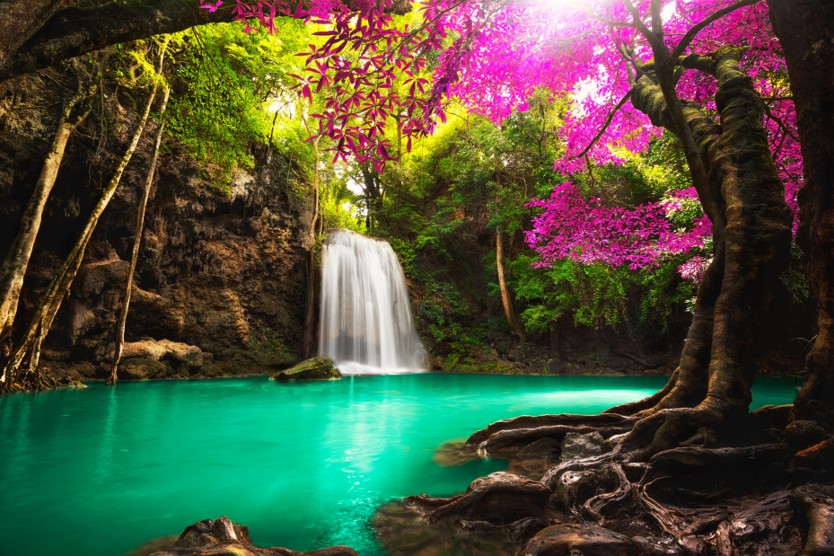 Beautiful waterfall on a colorful spring day